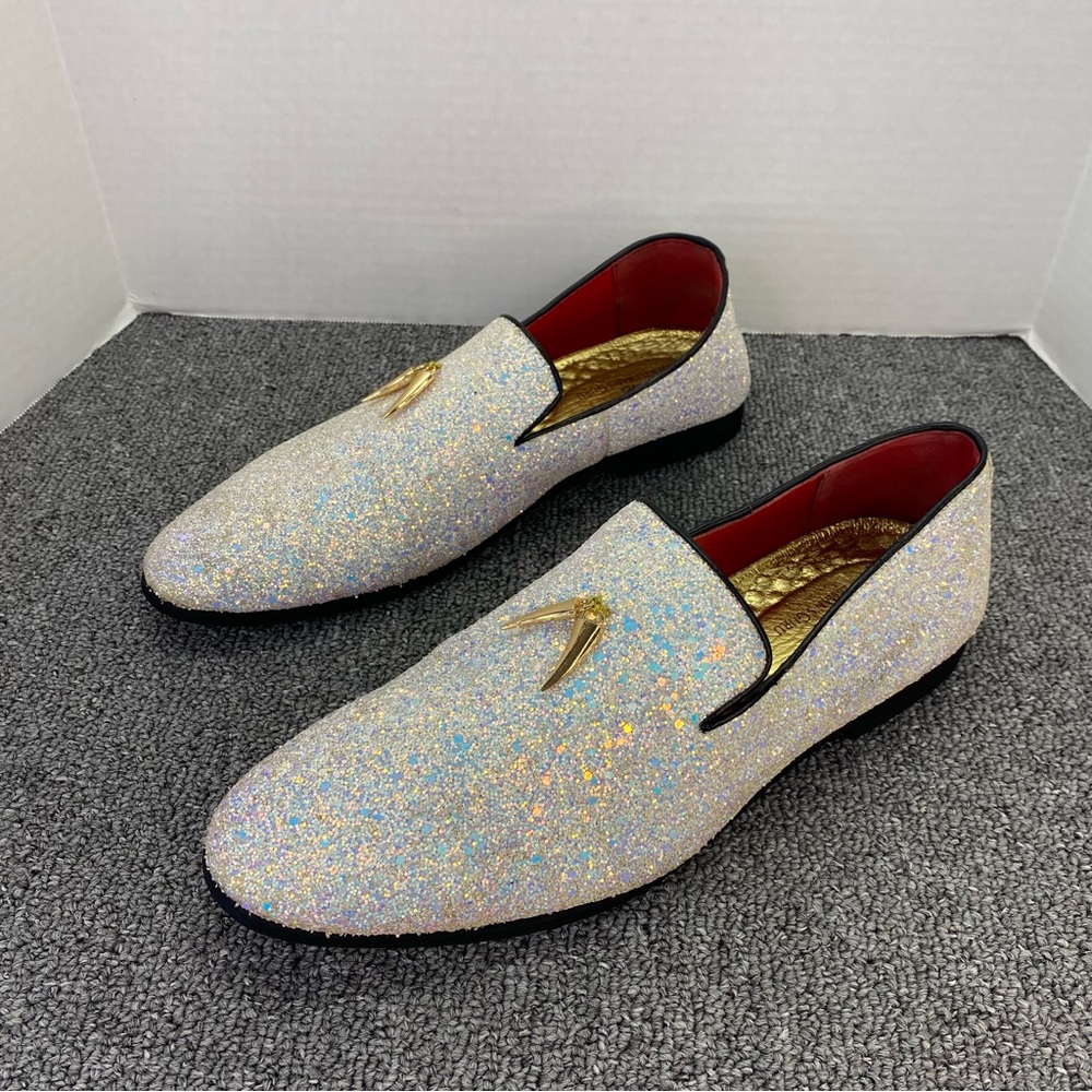 Gentleman's Guru White Glitter Slip On Loafers Dress Shoes Charm Tassels Mens 13